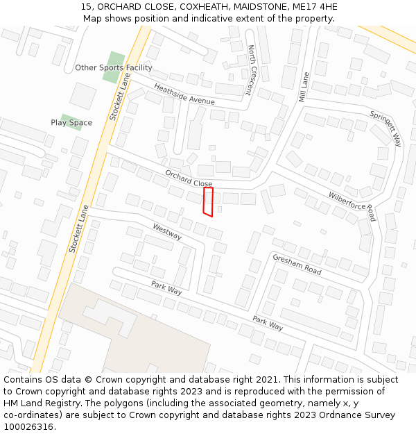 15, ORCHARD CLOSE, COXHEATH, MAIDSTONE, ME17 4HE: Location map and indicative extent of plot
