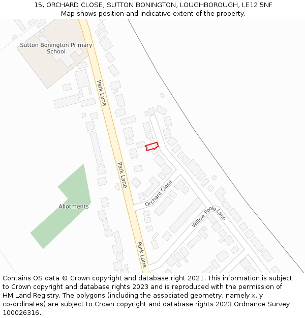 15, ORCHARD CLOSE, SUTTON BONINGTON, LOUGHBOROUGH, LE12 5NF: Location map and indicative extent of plot