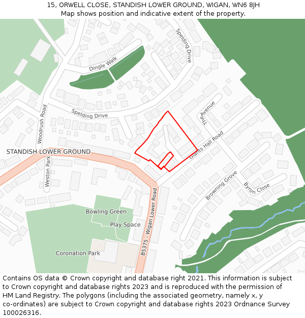 15, ORWELL CLOSE, STANDISH LOWER GROUND, WIGAN, WN6 8JH: Location map and indicative extent of plot