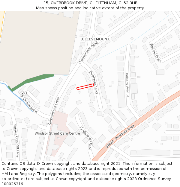 15, OVERBROOK DRIVE, CHELTENHAM, GL52 3HR: Location map and indicative extent of plot