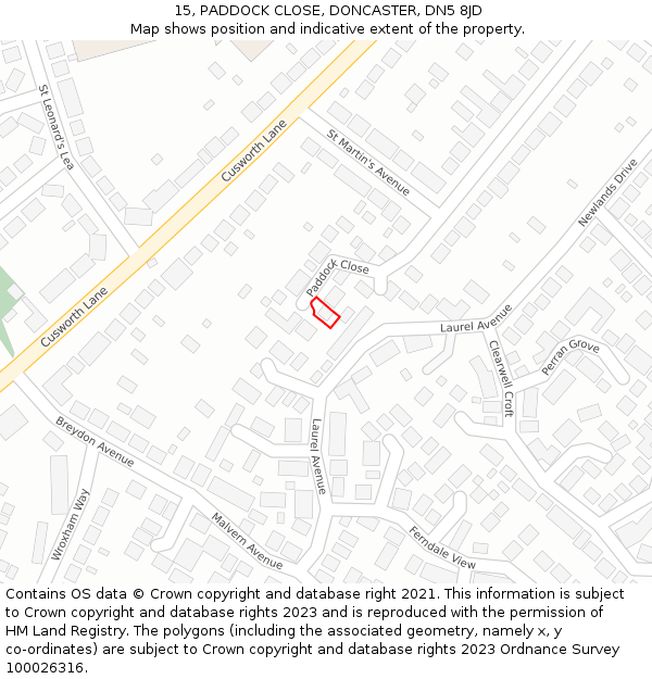 15, PADDOCK CLOSE, DONCASTER, DN5 8JD: Location map and indicative extent of plot