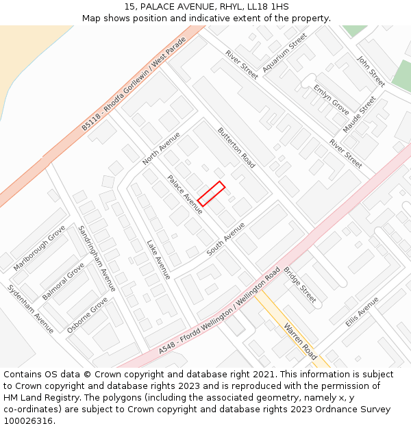 15, PALACE AVENUE, RHYL, LL18 1HS: Location map and indicative extent of plot