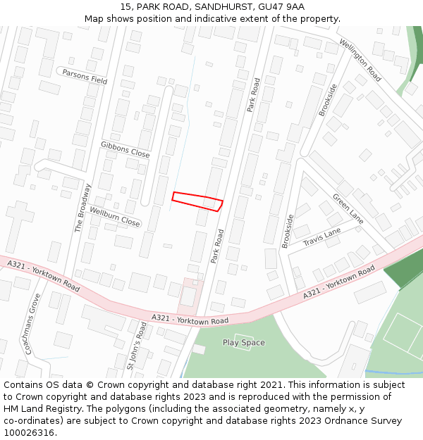 15, PARK ROAD, SANDHURST, GU47 9AA: Location map and indicative extent of plot