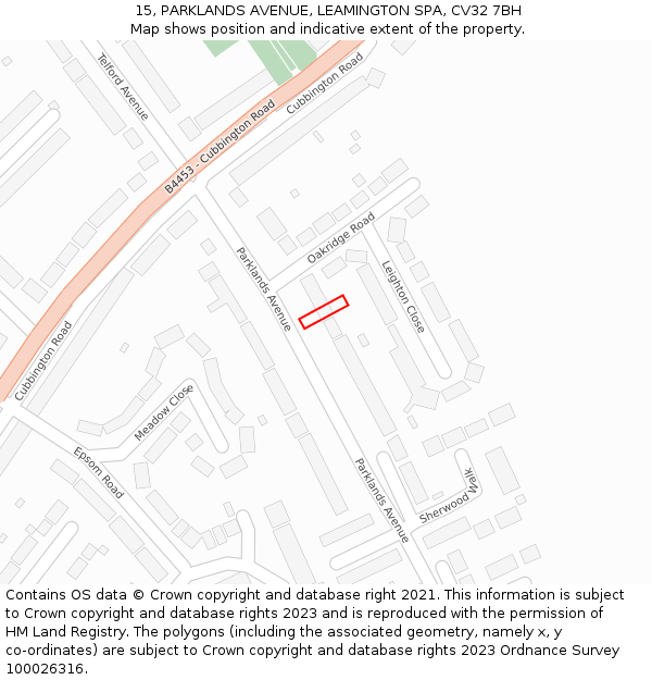 15, PARKLANDS AVENUE, LEAMINGTON SPA, CV32 7BH: Location map and indicative extent of plot