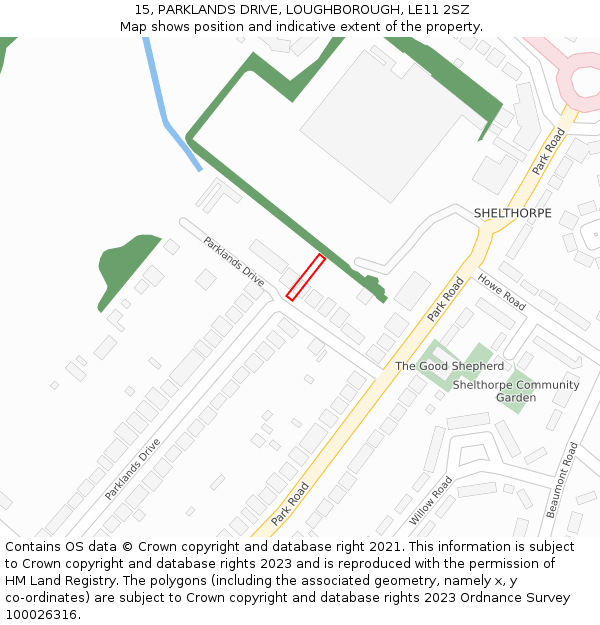 15, PARKLANDS DRIVE, LOUGHBOROUGH, LE11 2SZ: Location map and indicative extent of plot