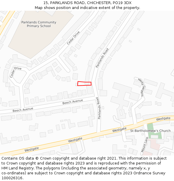 15, PARKLANDS ROAD, CHICHESTER, PO19 3DX: Location map and indicative extent of plot