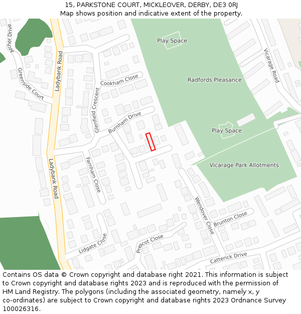 15, PARKSTONE COURT, MICKLEOVER, DERBY, DE3 0RJ: Location map and indicative extent of plot