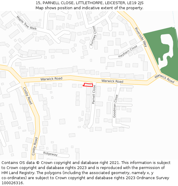 15, PARNELL CLOSE, LITTLETHORPE, LEICESTER, LE19 2JS: Location map and indicative extent of plot