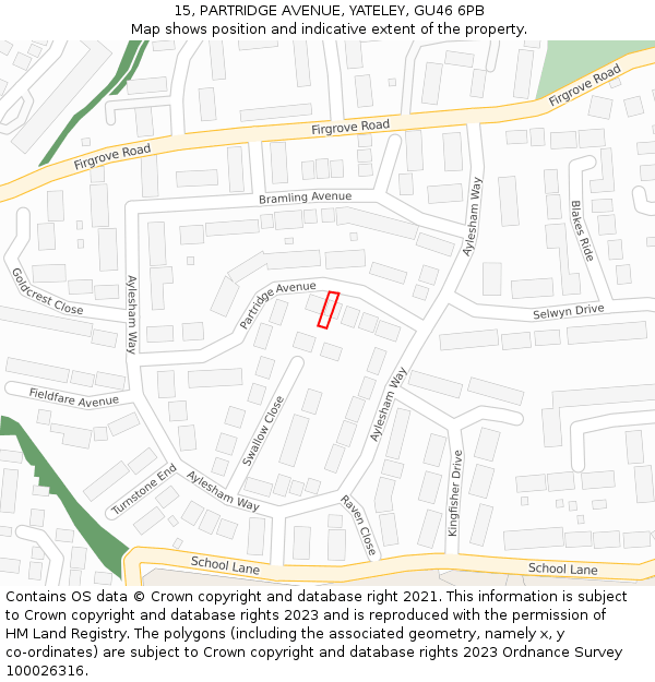 15, PARTRIDGE AVENUE, YATELEY, GU46 6PB: Location map and indicative extent of plot
