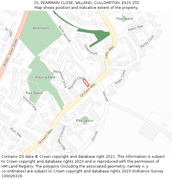 15, PEARMAIN CLOSE, WILLAND, CULLOMPTON, EX15 2TD: Location map and indicative extent of plot