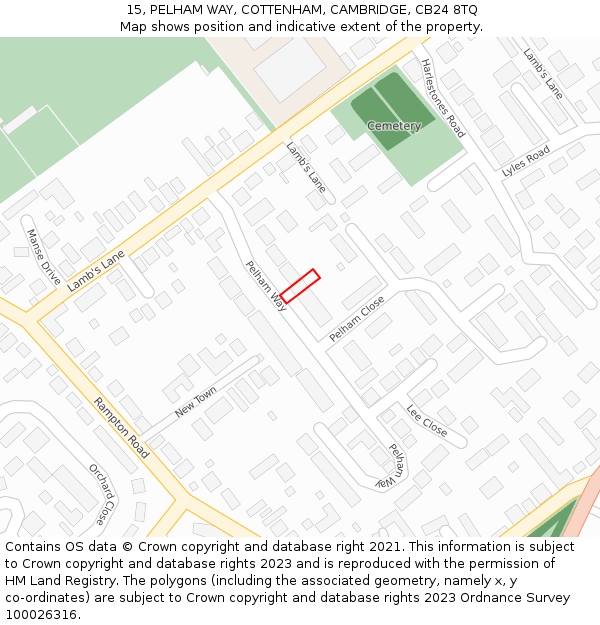 15, PELHAM WAY, COTTENHAM, CAMBRIDGE, CB24 8TQ: Location map and indicative extent of plot