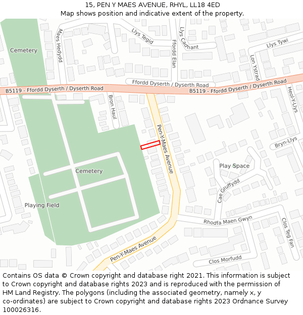 15, PEN Y MAES AVENUE, RHYL, LL18 4ED: Location map and indicative extent of plot