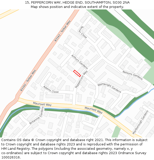 15, PEPPERCORN WAY, HEDGE END, SOUTHAMPTON, SO30 2NA: Location map and indicative extent of plot