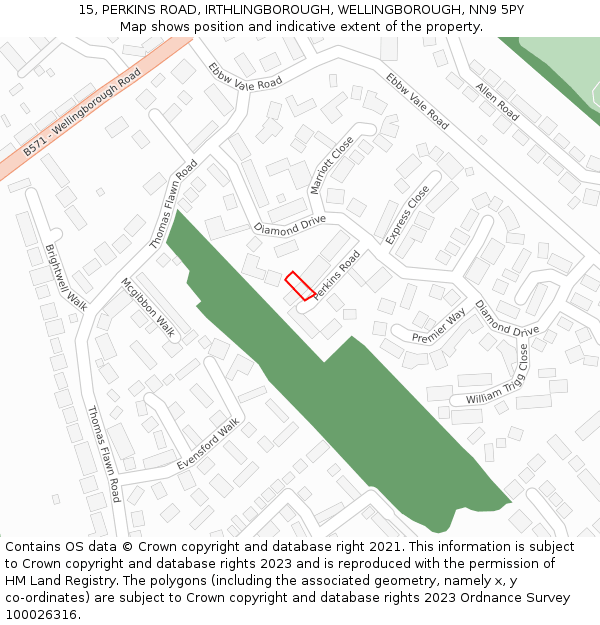 15, PERKINS ROAD, IRTHLINGBOROUGH, WELLINGBOROUGH, NN9 5PY: Location map and indicative extent of plot