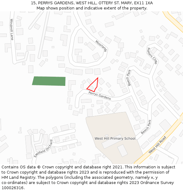 15, PERRYS GARDENS, WEST HILL, OTTERY ST. MARY, EX11 1XA: Location map and indicative extent of plot