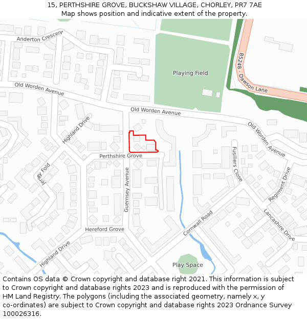 15, PERTHSHIRE GROVE, BUCKSHAW VILLAGE, CHORLEY, PR7 7AE: Location map and indicative extent of plot