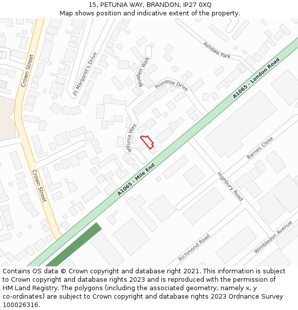 15, PETUNIA WAY, BRANDON, IP27 0XQ: Location map and indicative extent of plot