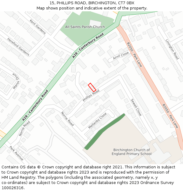 15, PHILLIPS ROAD, BIRCHINGTON, CT7 0BX: Location map and indicative extent of plot