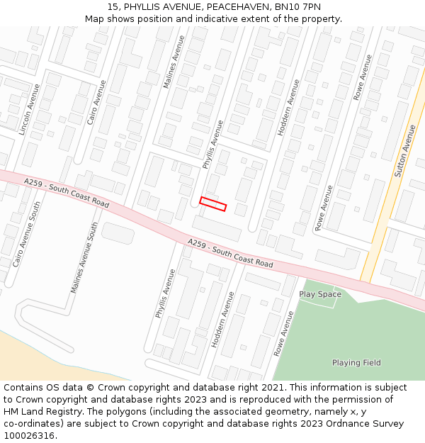 15, PHYLLIS AVENUE, PEACEHAVEN, BN10 7PN: Location map and indicative extent of plot