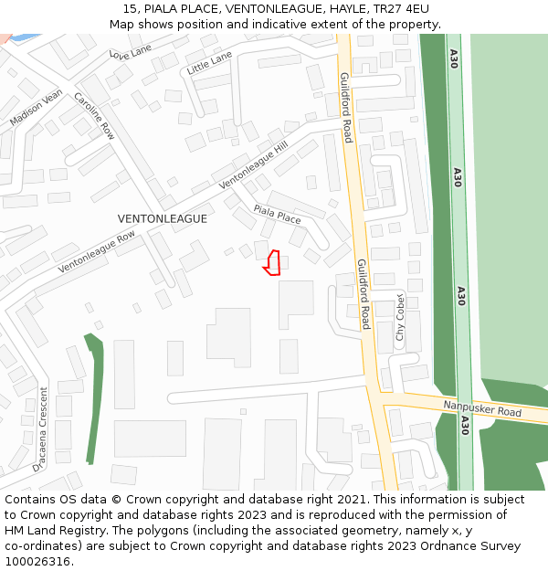 15, PIALA PLACE, VENTONLEAGUE, HAYLE, TR27 4EU: Location map and indicative extent of plot