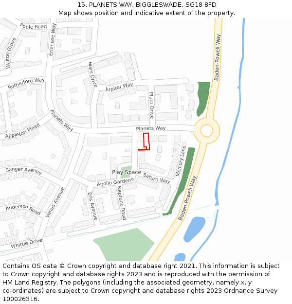 15, PLANETS WAY, BIGGLESWADE, SG18 8FD: Location map and indicative extent of plot