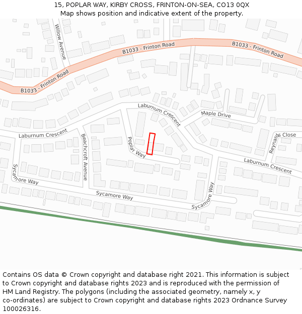 15, POPLAR WAY, KIRBY CROSS, FRINTON-ON-SEA, CO13 0QX: Location map and indicative extent of plot