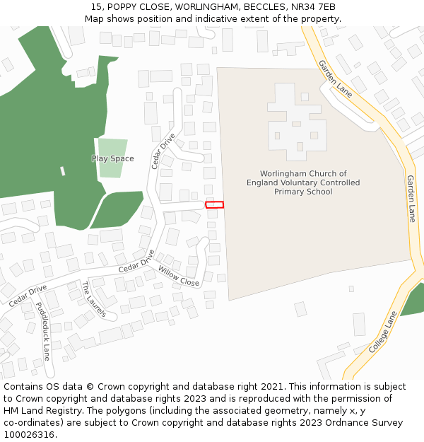 15, POPPY CLOSE, WORLINGHAM, BECCLES, NR34 7EB: Location map and indicative extent of plot