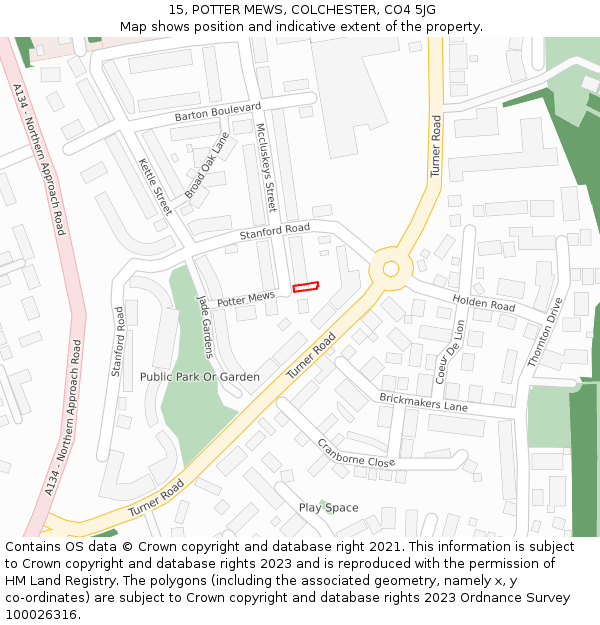 15, POTTER MEWS, COLCHESTER, CO4 5JG: Location map and indicative extent of plot