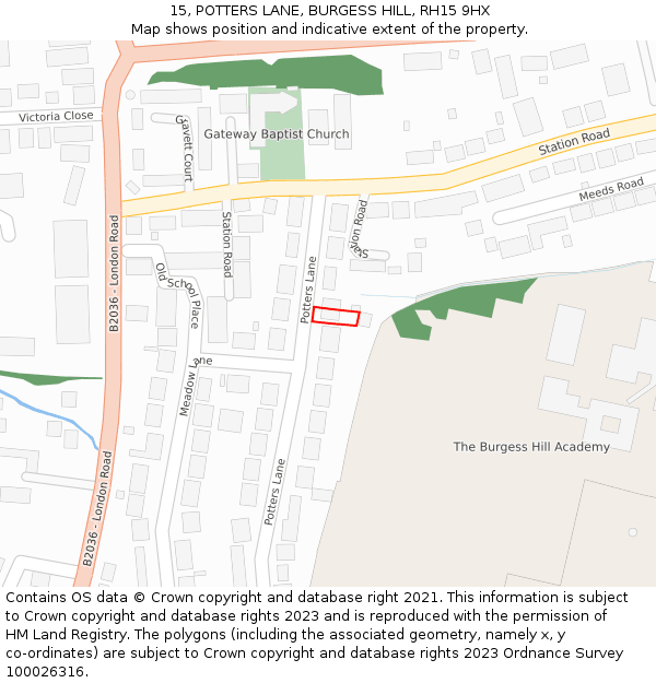 15, POTTERS LANE, BURGESS HILL, RH15 9HX: Location map and indicative extent of plot