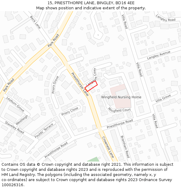 15, PRIESTTHORPE LANE, BINGLEY, BD16 4EE: Location map and indicative extent of plot