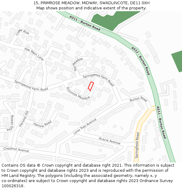 15, PRIMROSE MEADOW, MIDWAY, SWADLINCOTE, DE11 0XH: Location map and indicative extent of plot