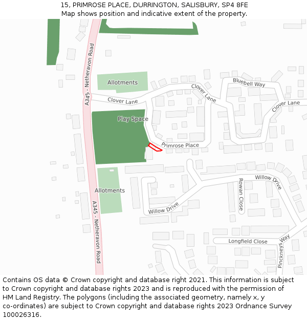 15, PRIMROSE PLACE, DURRINGTON, SALISBURY, SP4 8FE: Location map and indicative extent of plot
