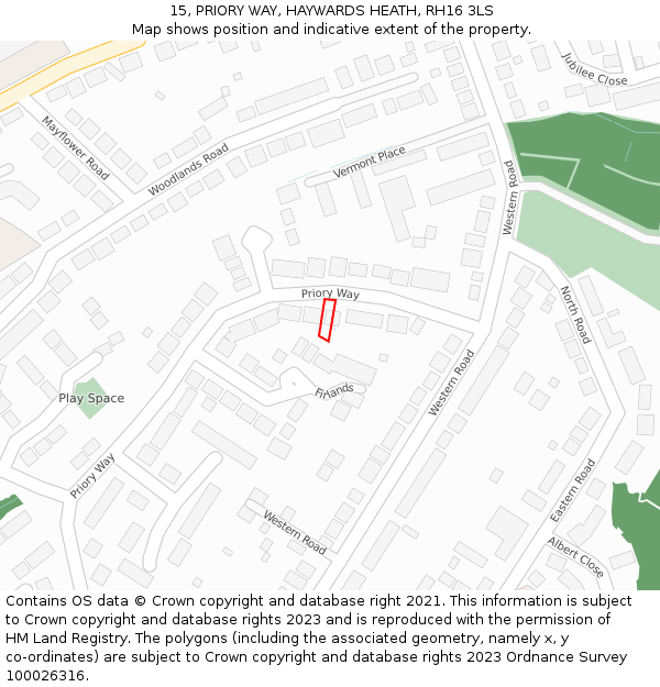 15, PRIORY WAY, HAYWARDS HEATH, RH16 3LS: Location map and indicative extent of plot