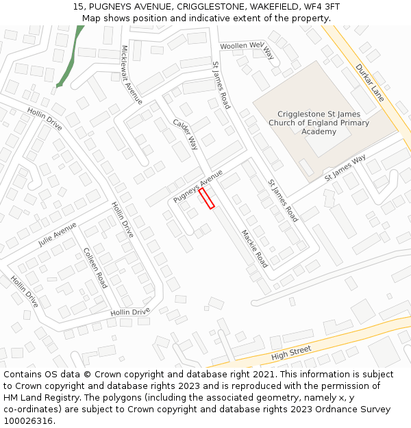 15, PUGNEYS AVENUE, CRIGGLESTONE, WAKEFIELD, WF4 3FT: Location map and indicative extent of plot