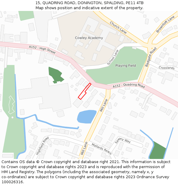 15, QUADRING ROAD, DONINGTON, SPALDING, PE11 4TB: Location map and indicative extent of plot