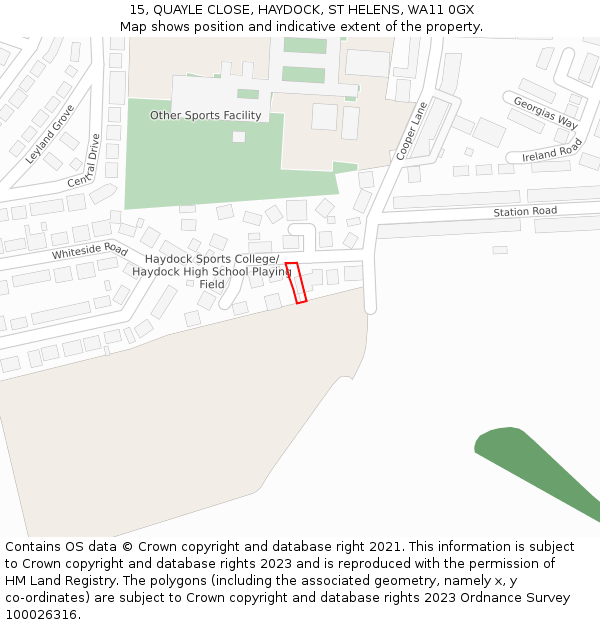 15, QUAYLE CLOSE, HAYDOCK, ST HELENS, WA11 0GX: Location map and indicative extent of plot