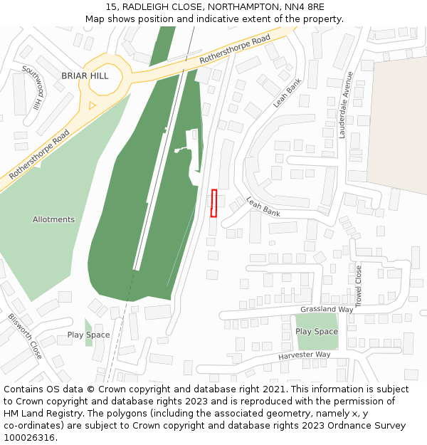 15, RADLEIGH CLOSE, NORTHAMPTON, NN4 8RE: Location map and indicative extent of plot