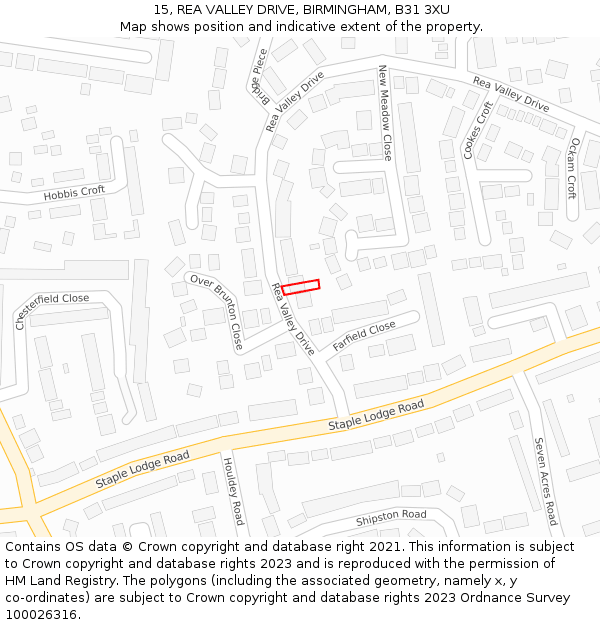 15, REA VALLEY DRIVE, BIRMINGHAM, B31 3XU: Location map and indicative extent of plot