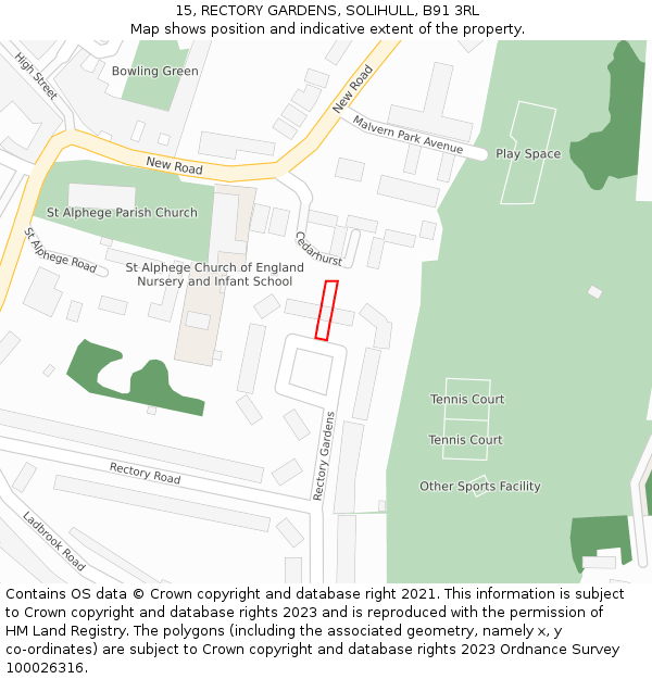 15, RECTORY GARDENS, SOLIHULL, B91 3RL: Location map and indicative extent of plot