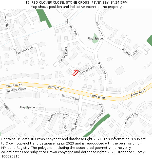 15, RED CLOVER CLOSE, STONE CROSS, PEVENSEY, BN24 5FW: Location map and indicative extent of plot