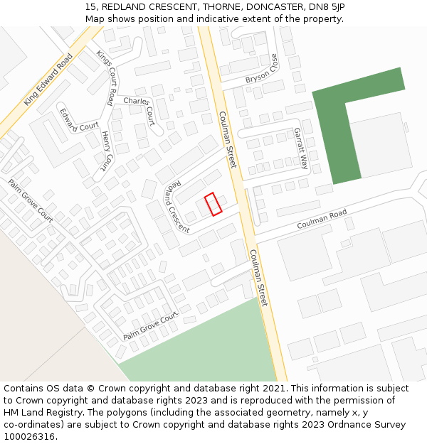 15, REDLAND CRESCENT, THORNE, DONCASTER, DN8 5JP: Location map and indicative extent of plot