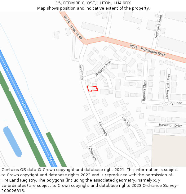 15, REDMIRE CLOSE, LUTON, LU4 9DX: Location map and indicative extent of plot