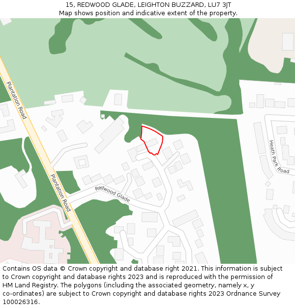 15, REDWOOD GLADE, LEIGHTON BUZZARD, LU7 3JT: Location map and indicative extent of plot