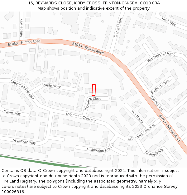 15, REYNARDS CLOSE, KIRBY CROSS, FRINTON-ON-SEA, CO13 0RA: Location map and indicative extent of plot