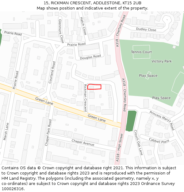 15, RICKMAN CRESCENT, ADDLESTONE, KT15 2UB: Location map and indicative extent of plot