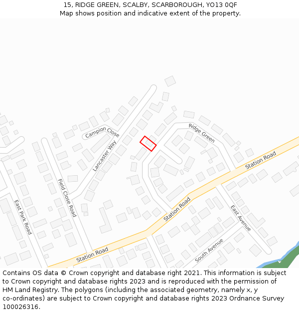 15, RIDGE GREEN, SCALBY, SCARBOROUGH, YO13 0QF: Location map and indicative extent of plot