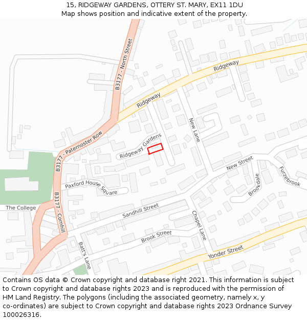 15, RIDGEWAY GARDENS, OTTERY ST. MARY, EX11 1DU: Location map and indicative extent of plot