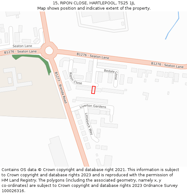 15, RIPON CLOSE, HARTLEPOOL, TS25 1JL: Location map and indicative extent of plot