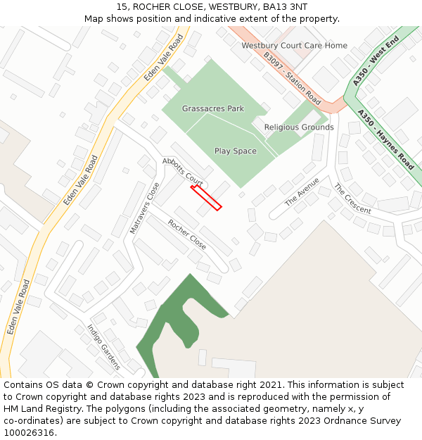 15, ROCHER CLOSE, WESTBURY, BA13 3NT: Location map and indicative extent of plot