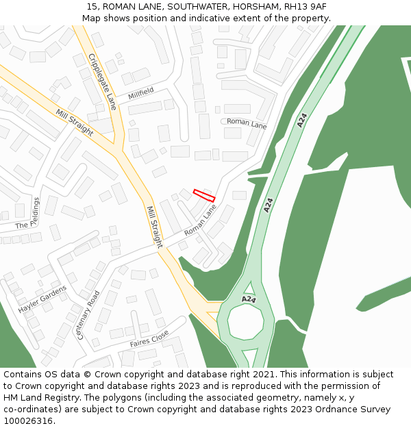 15, ROMAN LANE, SOUTHWATER, HORSHAM, RH13 9AF: Location map and indicative extent of plot